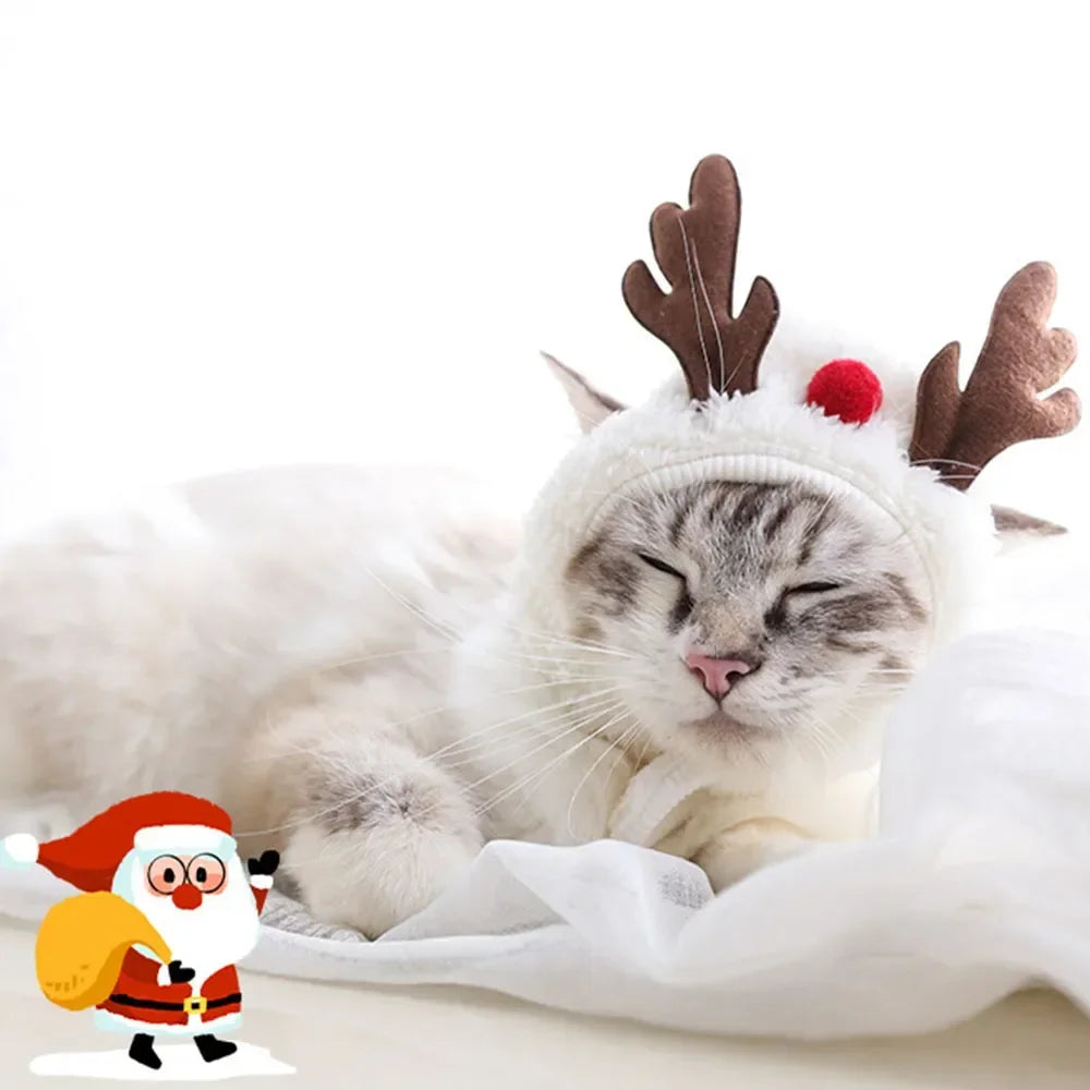 Christmas Pet Costume – Santa & Elk Hat with Bandana Bib Scarf Set for Dogs & Cats