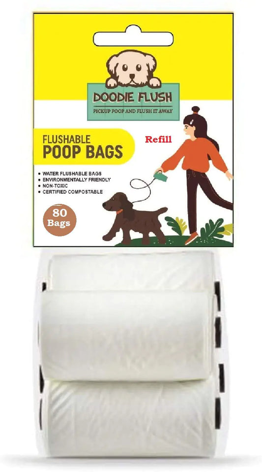 Doodie Flush Dog Poop Bag - Refill – 80 Biodegradable Dog Waste Bags on Rolls - Dissolves in Water Refill Pack – 100% Eco Friendly Flushable Ultra Thick Compostable Doggie Bags