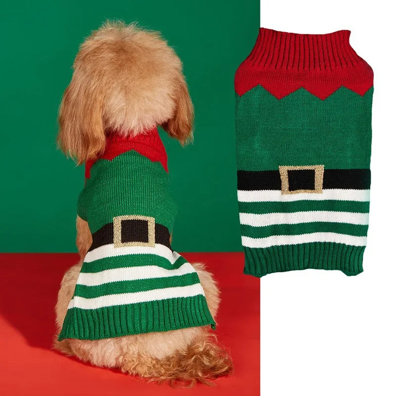 Christmas Pet Sweater for Dogs & Cats – Gingerbread Man & Snowflake Knitted Jumper with Antler Hoodie and Belt