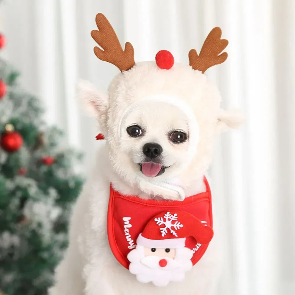 Christmas Pet Costume – Santa & Elk Hat with Bandana Bib Scarf Set for Dogs & Cats