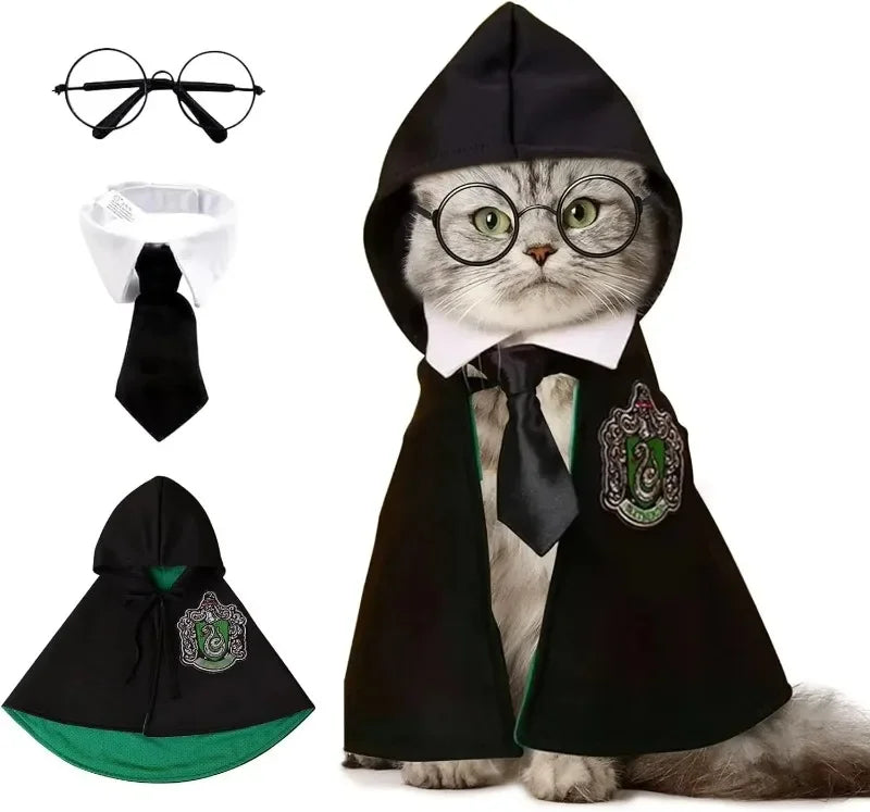 Halloween Cat & Dog Magic Cloak Costume – Pet Cosplay Outfit with Glasses & Necktie