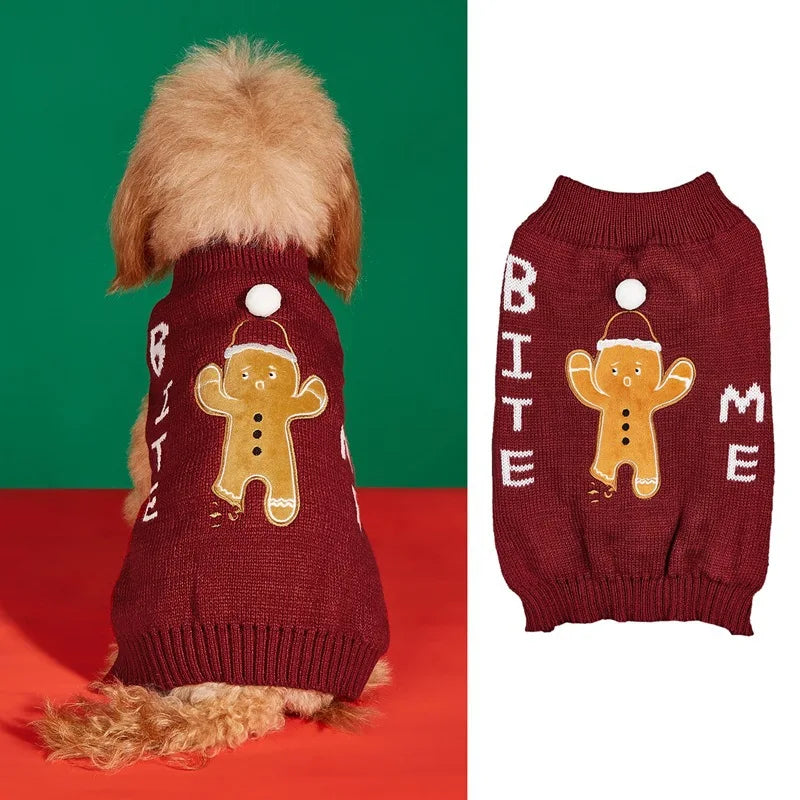 Christmas Pet Sweater for Dogs & Cats – Gingerbread Man & Snowflake Knitted Jumper with Antler Hoodie and Belt