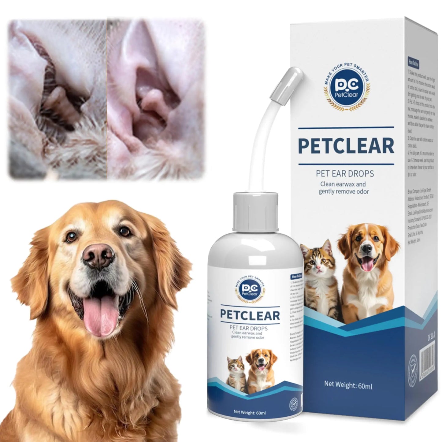 PETCLEAR Dog & Cat Ear Drops – Ear Cleaner for Odor, Wax, Mites & Itch Prevention, 60ml
