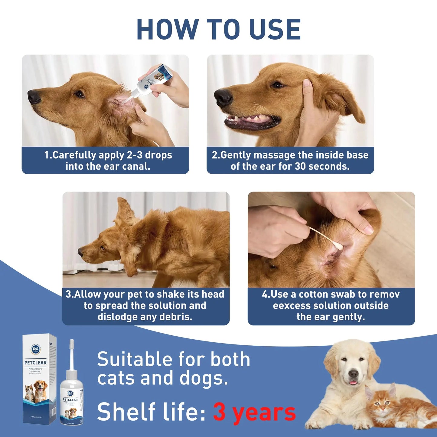 PETCLEAR Dog & Cat Ear Drops – Ear Cleaner for Odor, Wax, Mites & Itch Prevention, 60ml