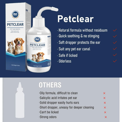 PETCLEAR Dog & Cat Ear Drops – Ear Cleaner for Odor, Wax, Mites & Itch Prevention, 60ml