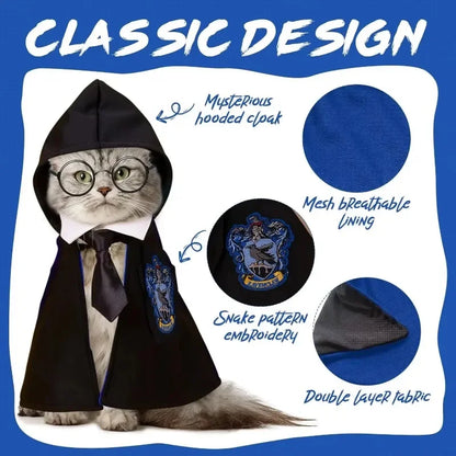 Halloween Cat & Dog Magic Cloak Costume – Pet Cosplay Outfit with Glasses & Necktie
