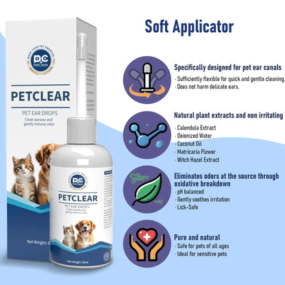PETCLEAR Dog & Cat Ear Drops – Ear Cleaner for Odor, Wax, Mites & Itch Prevention, 60ml