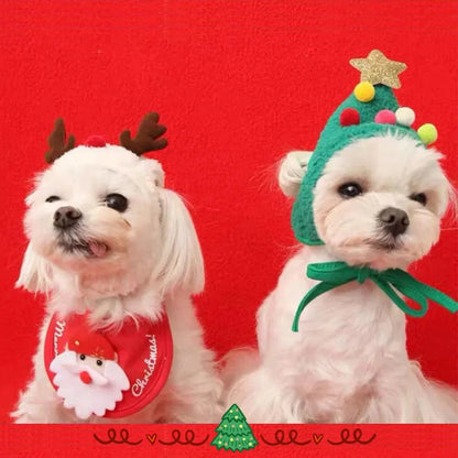 Christmas Pet Costume – Santa & Elk Hat with Bandana Bib Scarf Set for Dogs & Cats