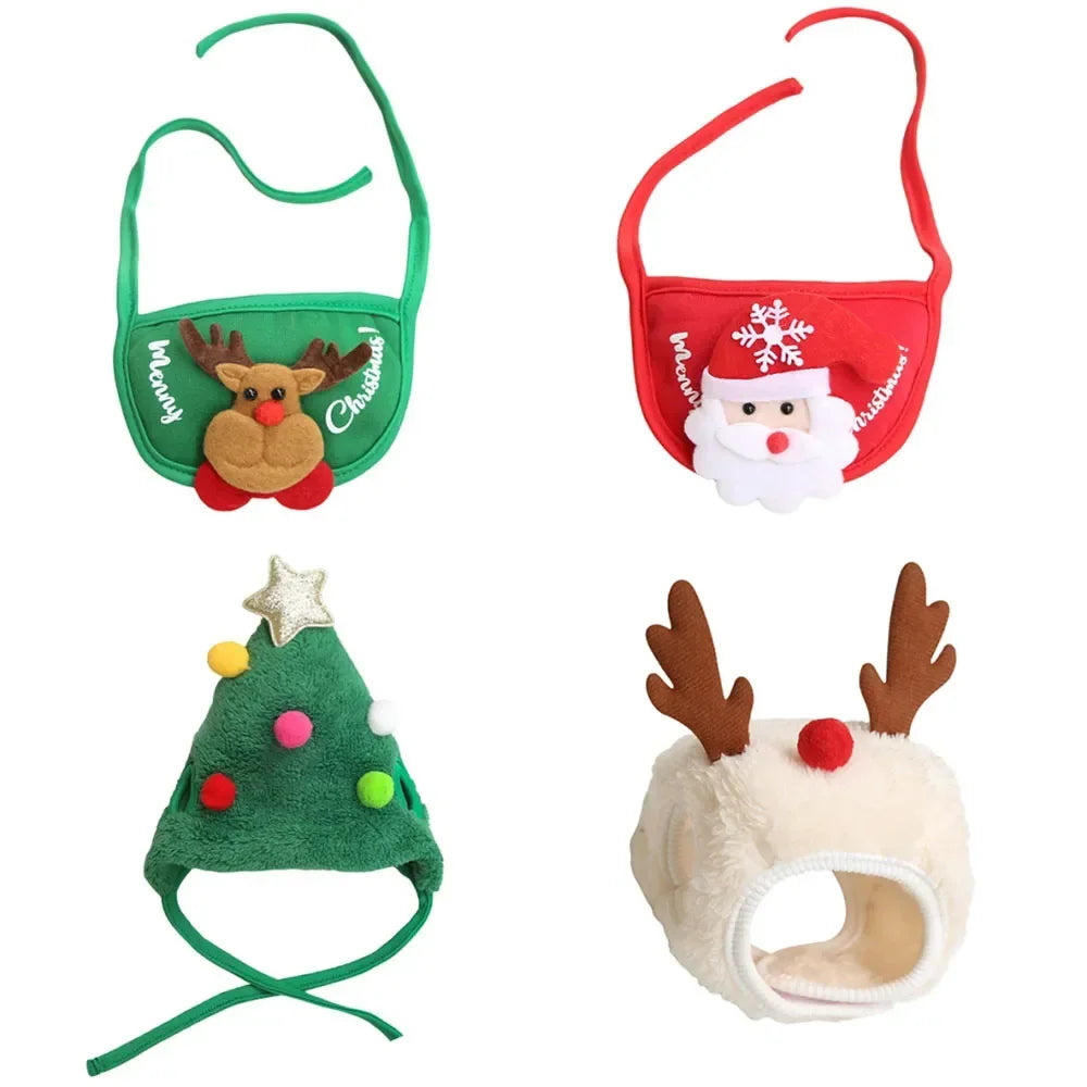 Christmas Pet Costume – Santa & Elk Hat with Bandana Bib Scarf Set for Dogs & Cats