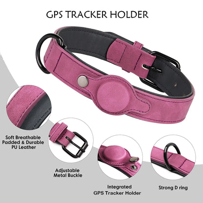GPS Tracker Holder Collar for Dogs Soft PU Leather Padded Dogs Collar With GPS Tracker Case Adjustable Small Medium Dogs Collars