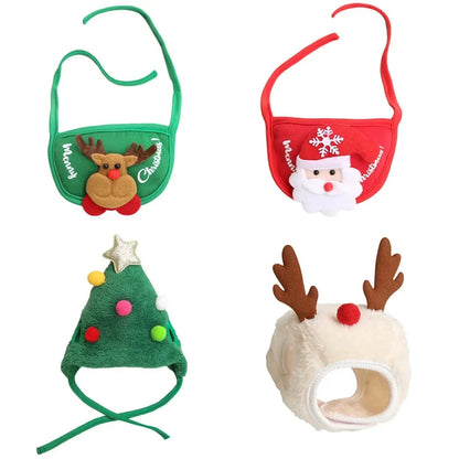 Christmas Pet Costume – Santa & Elk Hat with Bandana Bib Scarf Set for Dogs & Cats