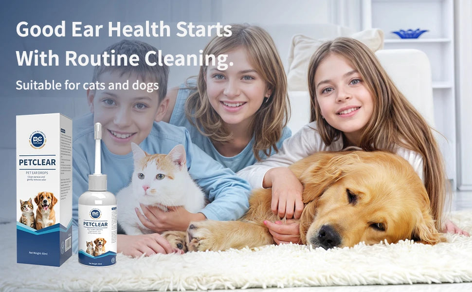 PETCLEAR Dog & Cat Ear Drops – Ear Cleaner for Odor, Wax, Mites & Itch Prevention, 60ml