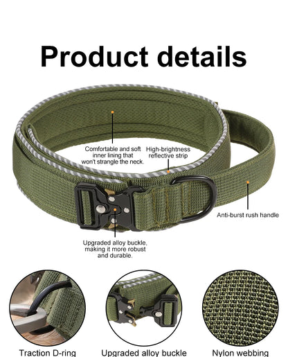 Tactical dog collar, adjustable military training nylon dog collar with control handle and high quality buckle