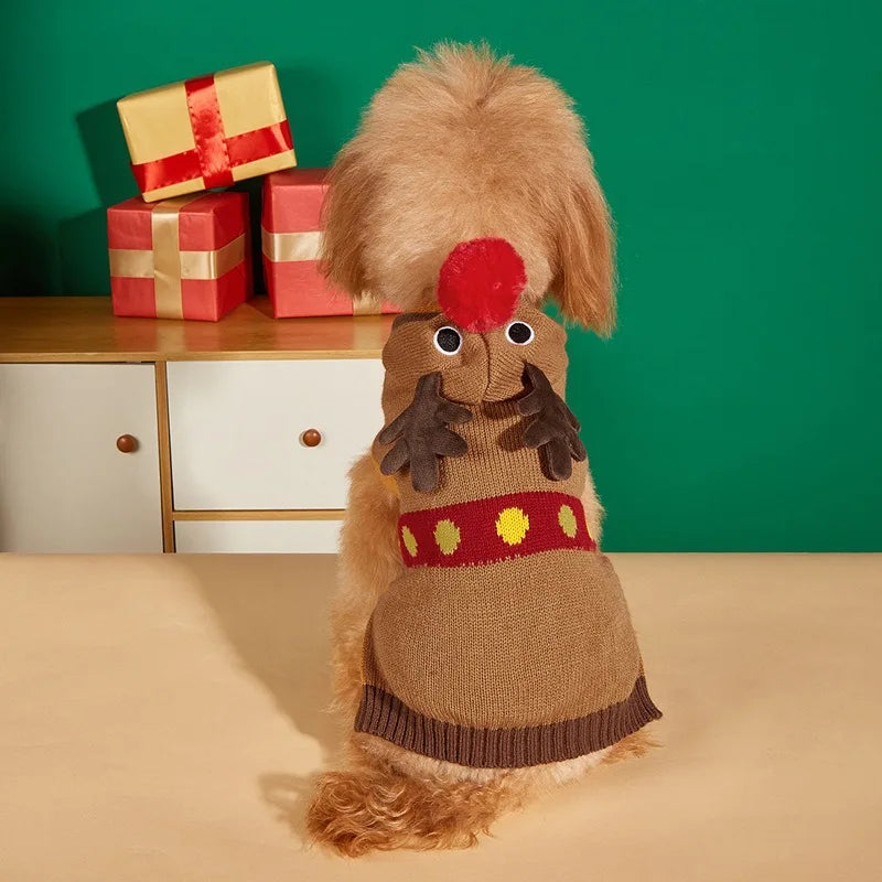 Christmas Pet Sweater for Dogs & Cats – Gingerbread Man & Snowflake Knitted Jumper with Antler Hoodie and Belt