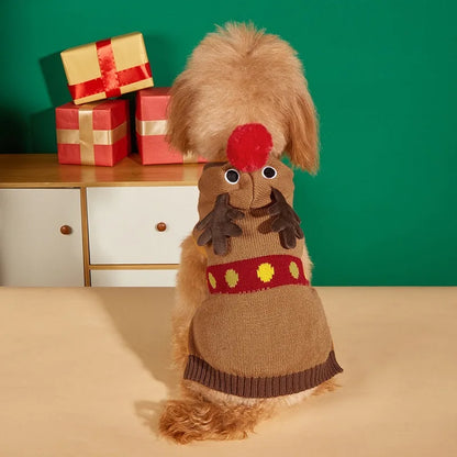 Christmas Pet Sweater for Dogs & Cats – Gingerbread Man & Snowflake Knitted Jumper with Antler Hoodie and Belt