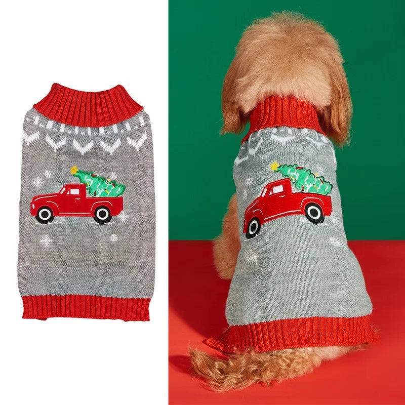 Christmas Pet Sweater for Dogs & Cats – Gingerbread Man & Snowflake Knitted Jumper with Antler Hoodie and Belt
