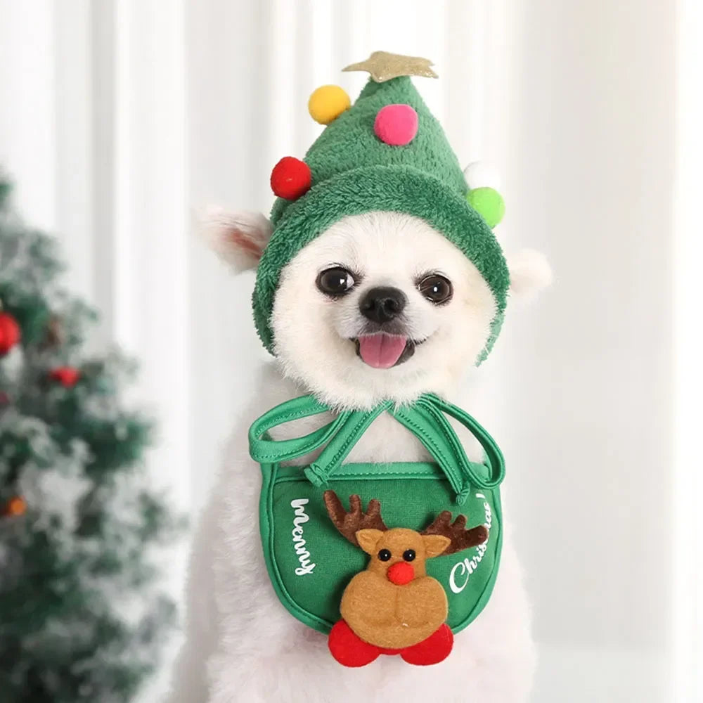 Christmas Pet Costume – Santa & Elk Hat with Bandana Bib Scarf Set for Dogs & Cats