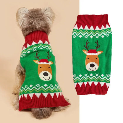 Christmas Pet Sweater for Dogs & Cats – Gingerbread Man & Snowflake Knitted Jumper with Antler Hoodie and Belt