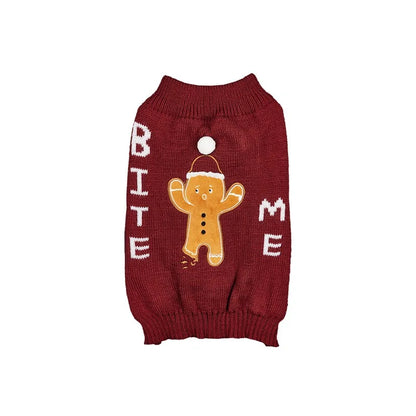 Christmas Pet Sweater for Dogs & Cats – Gingerbread Man & Snowflake Knitted Jumper with Antler Hoodie and Belt