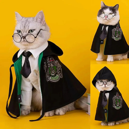 Halloween Cat & Dog Magic Cloak Costume – Pet Cosplay Outfit with Glasses & Necktie