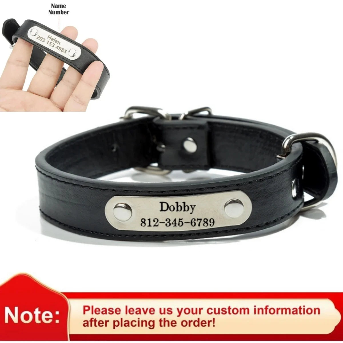 Personalized Name Carved Dog Collar ID Tag  Anti-lost Solid PU Leather Collar For Small Medium Large Dogs Puppy Cat Pet Supplies
