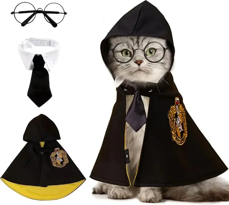 Halloween Cat & Dog Magic Cloak Costume – Pet Cosplay Outfit with Glasses & Necktie