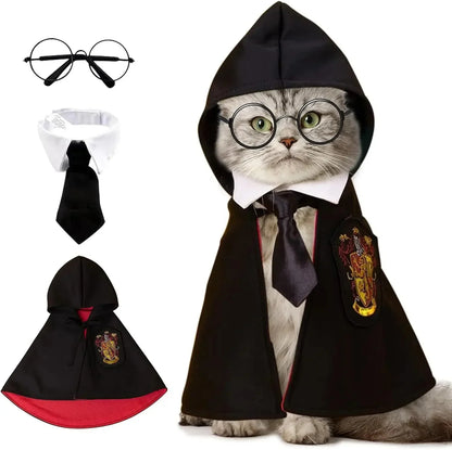 Halloween Cat & Dog Magic Cloak Costume – Pet Cosplay Outfit with Glasses & Necktie