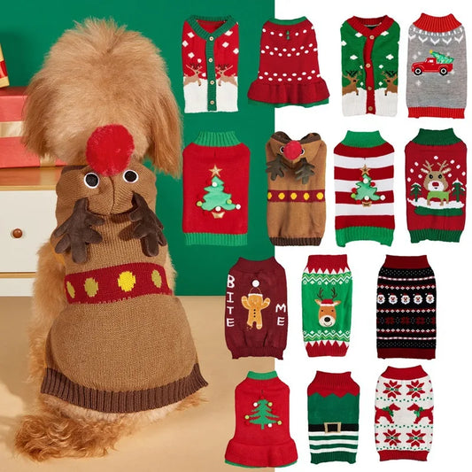 Christmas Pet Sweater for Dogs & Cats – Gingerbread Man & Snowflake Knitted Jumper with Antler Hoodie and Belt