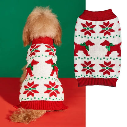 Christmas Pet Sweater for Dogs & Cats – Gingerbread Man & Snowflake Knitted Jumper with Antler Hoodie and Belt