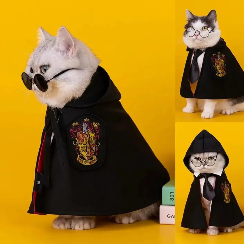 Halloween Cat & Dog Magic Cloak Costume – Pet Cosplay Outfit with Glasses & Necktie