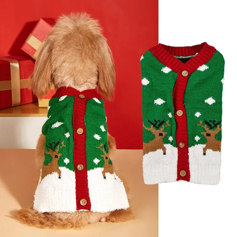 Christmas Pet Sweater for Dogs & Cats – Gingerbread Man & Snowflake Knitted Jumper with Antler Hoodie and Belt