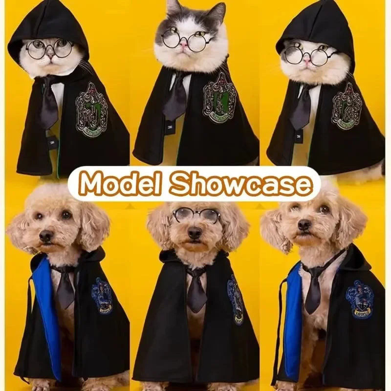 Halloween Cat & Dog Magic Cloak Costume – Pet Cosplay Outfit with Glasses & Necktie