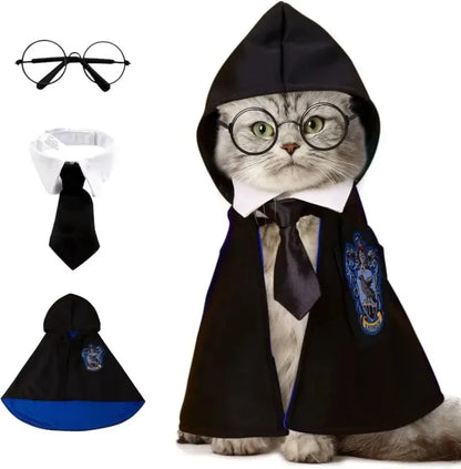 Halloween Cat & Dog Magic Cloak Costume – Pet Cosplay Outfit with Glasses & Necktie