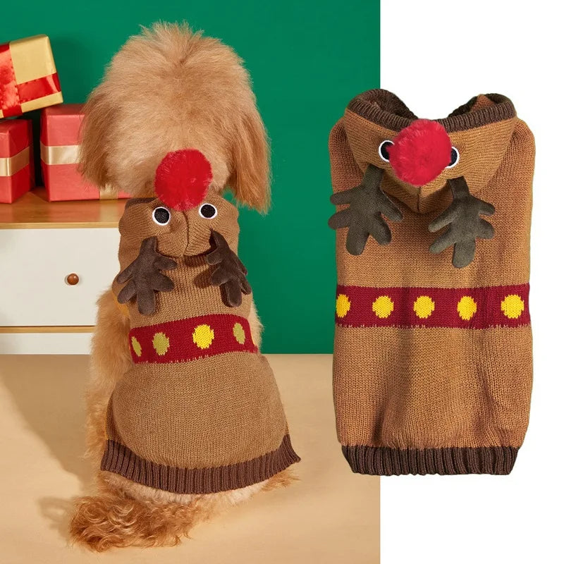 Christmas Pet Sweater for Dogs & Cats – Gingerbread Man & Snowflake Knitted Jumper with Antler Hoodie and Belt