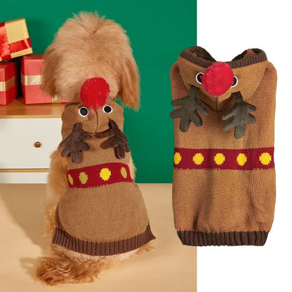 Christmas Pet Sweater for Dogs & Cats – Gingerbread Man & Snowflake Knitted Jumper with Antler Hoodie and Belt