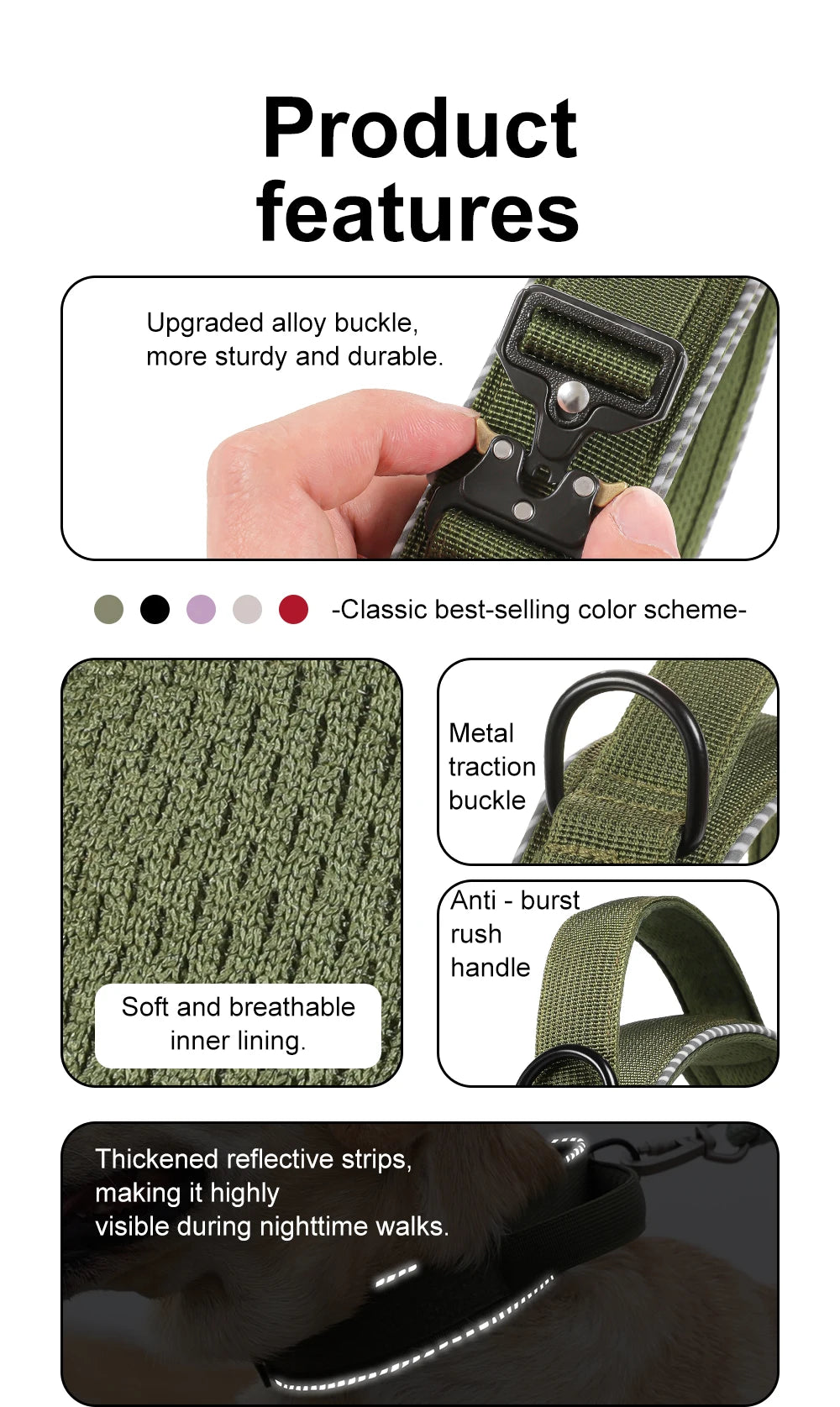 Tactical dog collar, adjustable military training nylon dog collar with control handle and high quality buckle